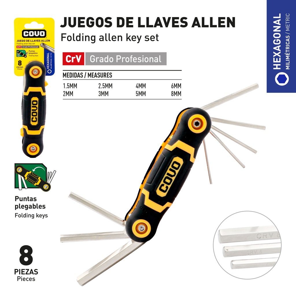 LLAVE ALLEN HEXAGONAL 8 PCS MILIMETRICA COVO 9-473