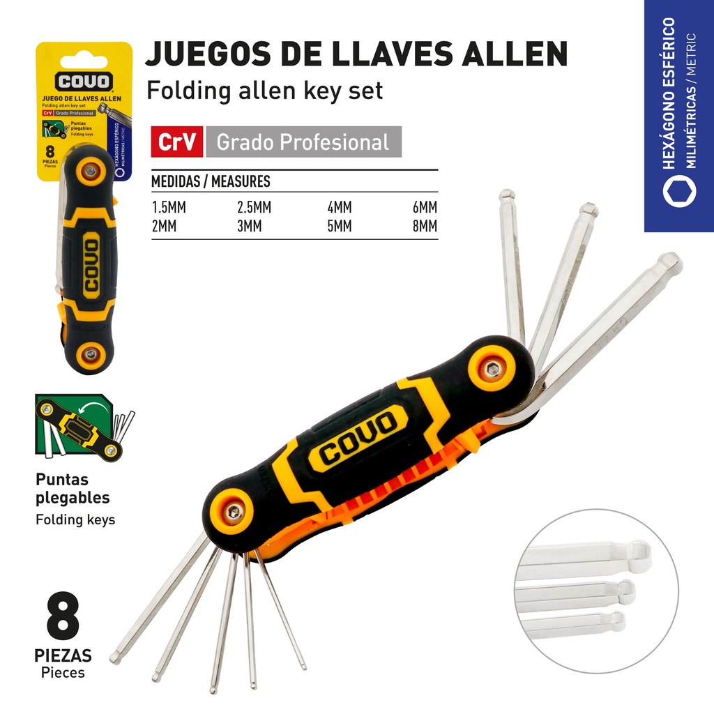 LLAVE ALLEN HEXAGONAL ESFERICO 8 PCS MILIMETRICA COVO 9-474