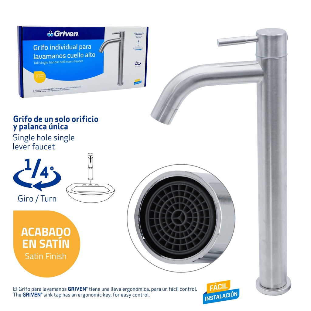 LLAVE LAVAMANO ALTA INDIVIDUAL SATIN GRIVEN 9-488
