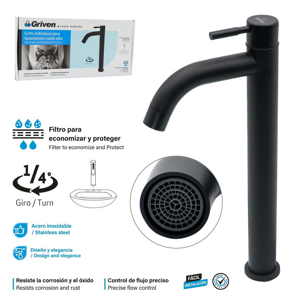 LLAVE LAVAMANO ALTA INDIVIDUAL GRIVEN BLACK 9-489