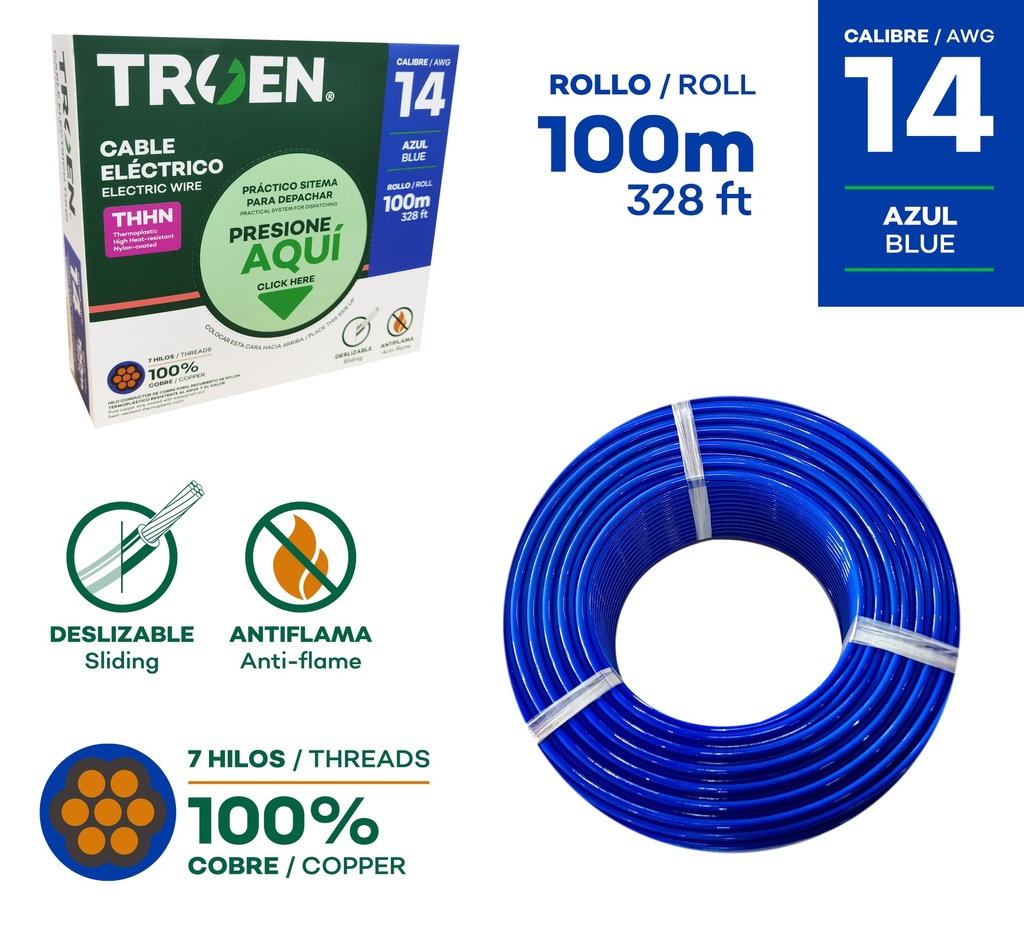 CABLE THHN 14 AZUL 100MTS 100% COBRE TROEN 9-508