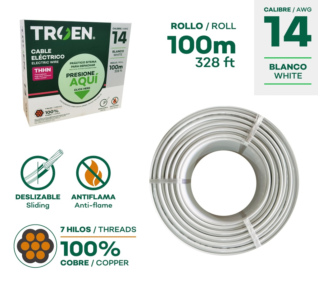 CABLE THHN 14 BLANCO 100MTS 100% COBRE TROEN 9-510