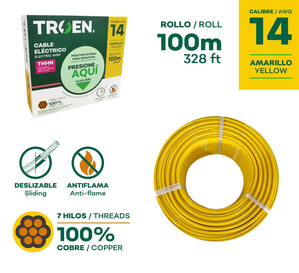 CABLE THHN 14 AMARILLO 100MTS 100% COBRE TROEN 9-511