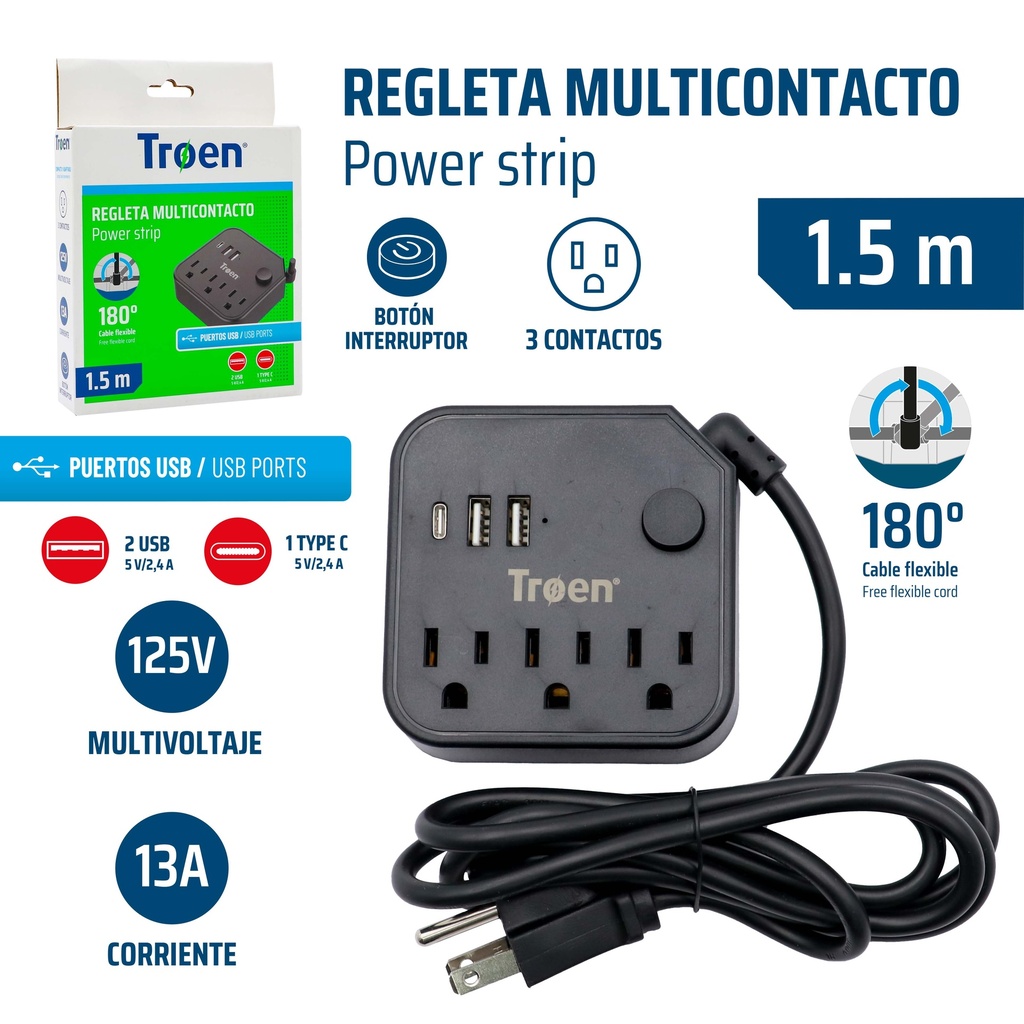 REGLETA 3T + 2USB + 1 T/C NEGRA TROEN 9-521