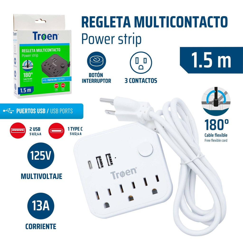 REGLETA 3T + 2USB + 1 T/C BLANCA TROEN 9-522