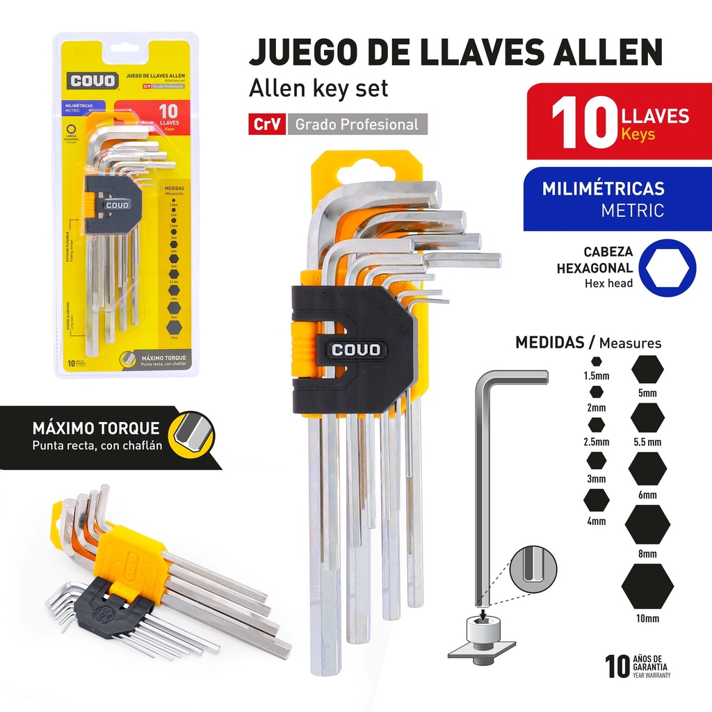 LLAVE ALLEN HEXAGONAL 10 PCS MILIMETRICA COVO 9-528