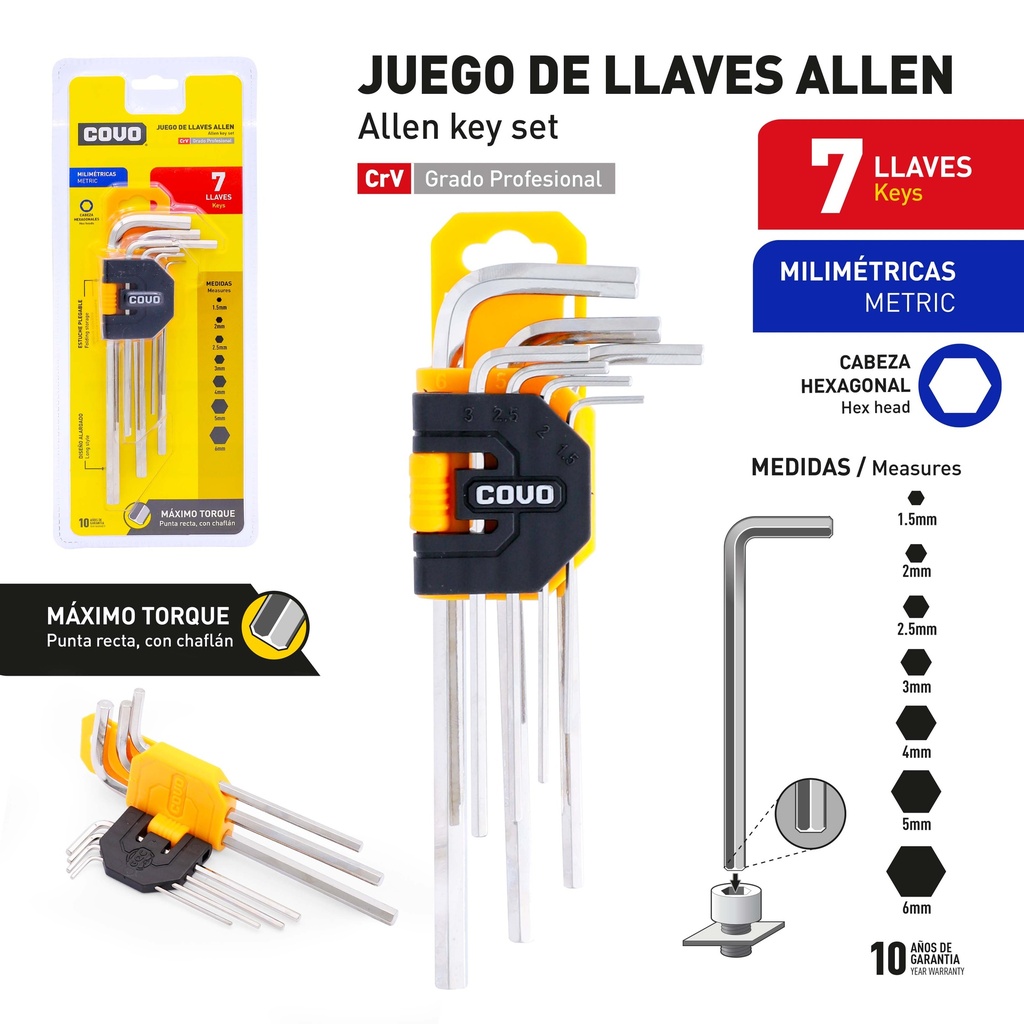 LLAVE ALLEN HEXAGONAL 7 PCS MILIMETRICA COVO 9-529