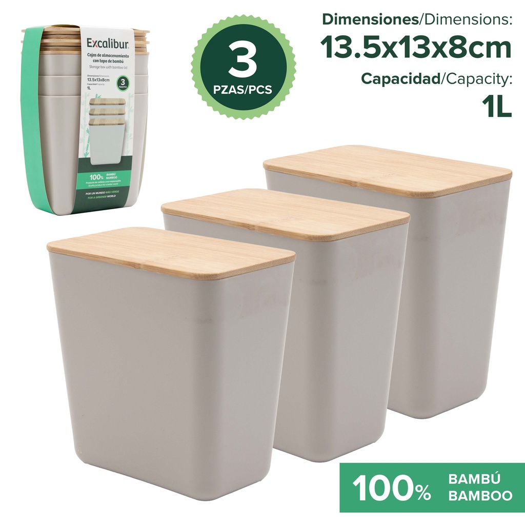 ENVASE PLAST C/TAPA DE BAMBU x 3 UNID EXCALIBUR 9-564