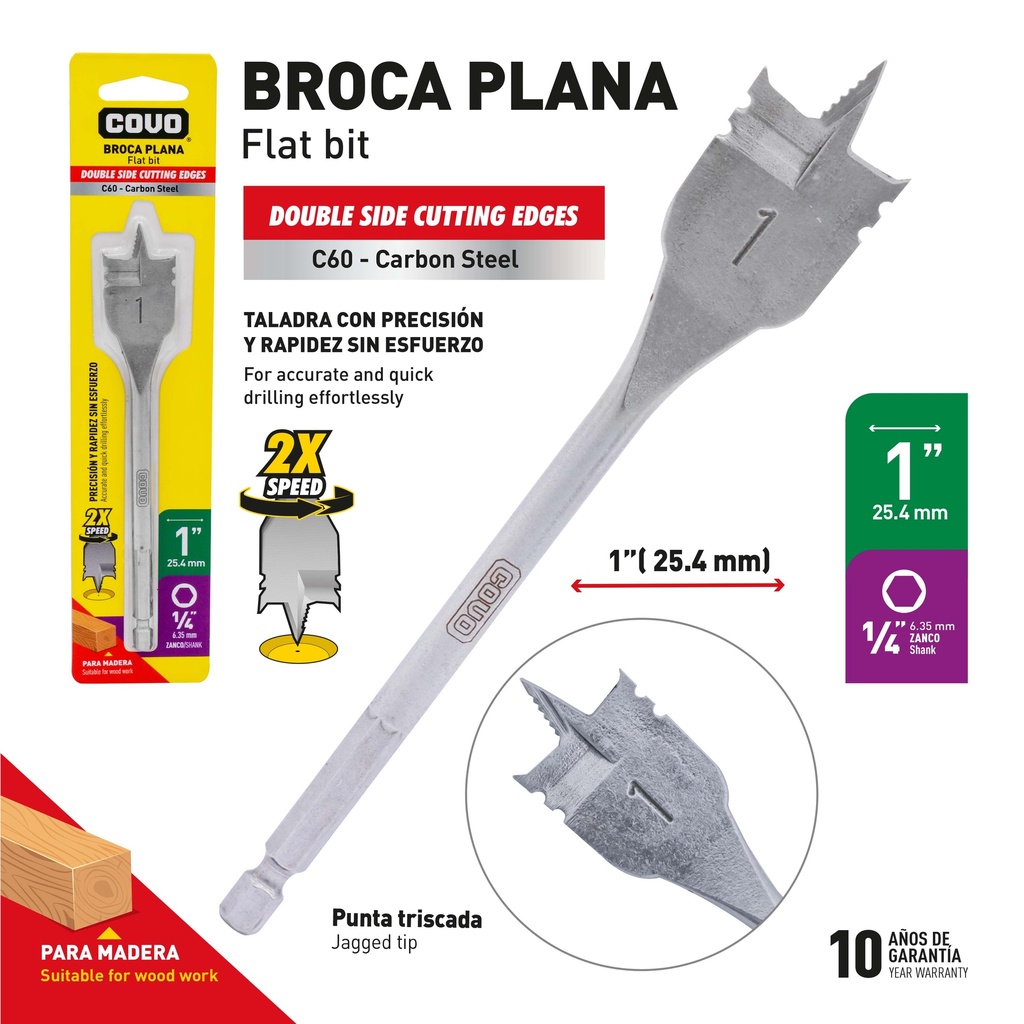 MECHA PLANA P/MADERA x 1" COVO 9-587