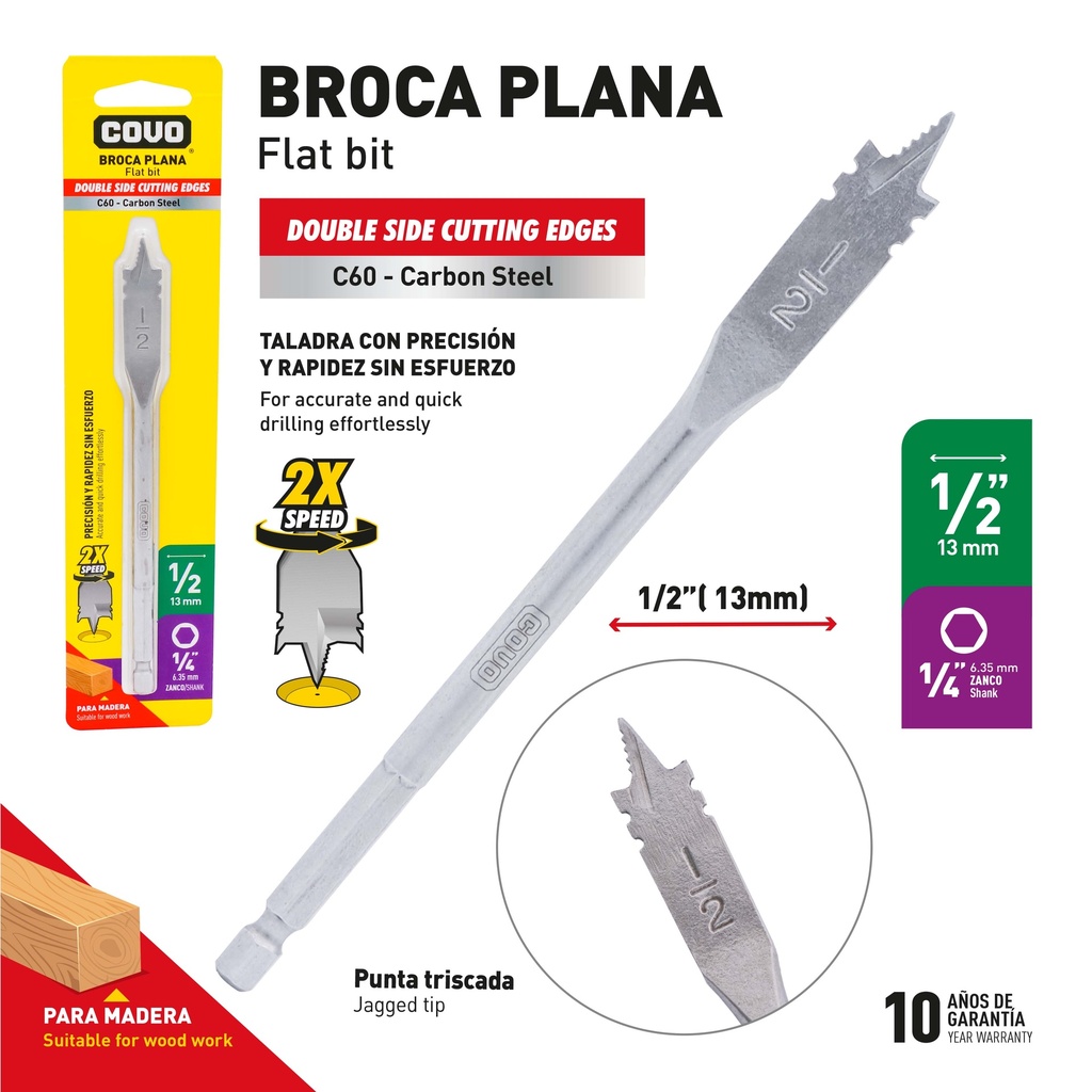 MECHA PLANA P/MADERA x 1/2" COVO 9-588