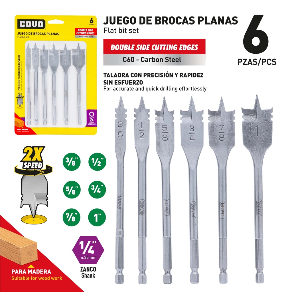 JUEGO DE MECHA PLANA P/MADERA x 6 UNID COVO 9-592