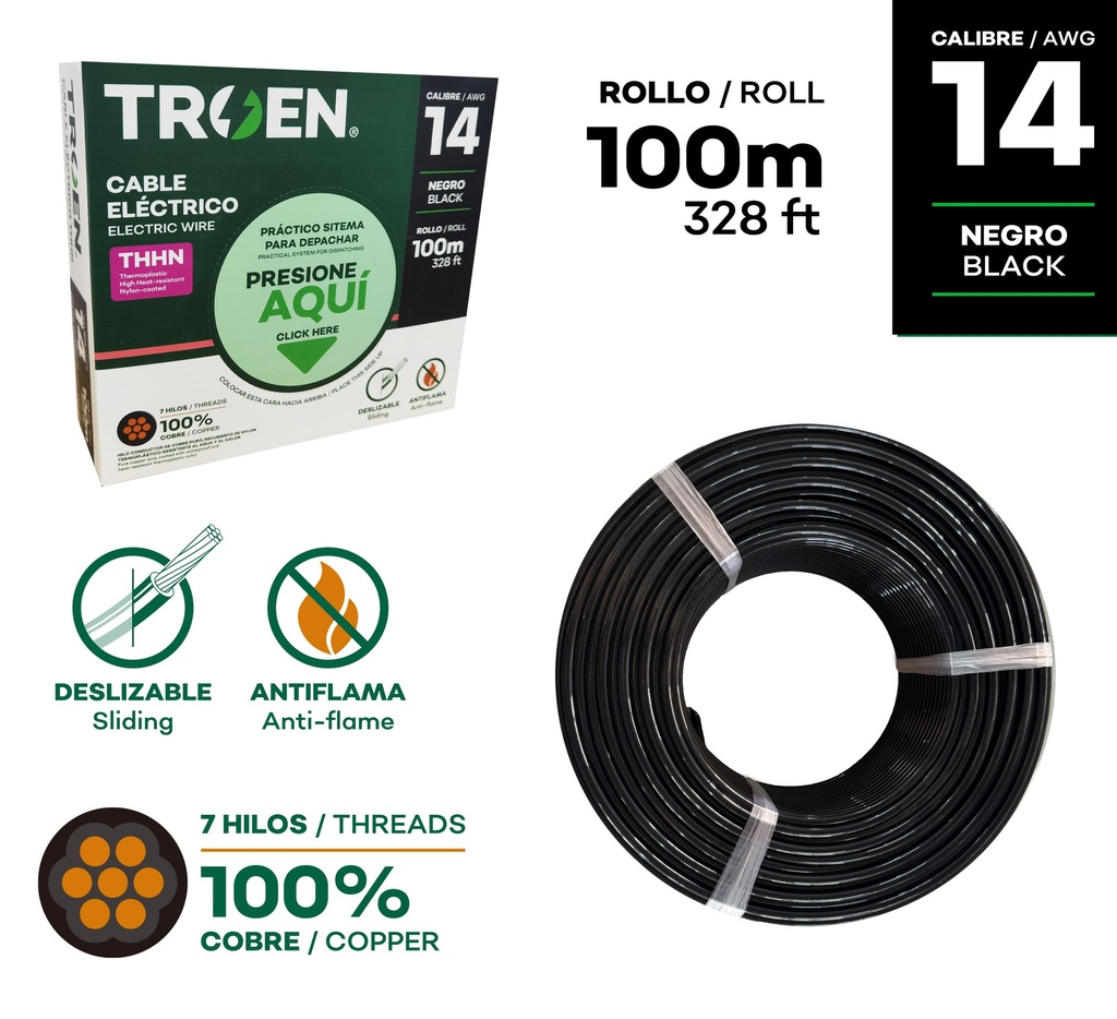 CABLE THHN 14 NEGRO 100MTS 100% COBRE TROEN 9-594