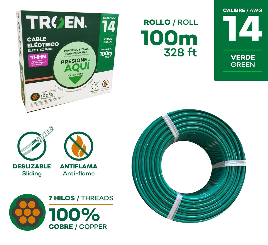 CABLE THHN 14 VERDE 100MTS 100% COBRE TROEN 9-595