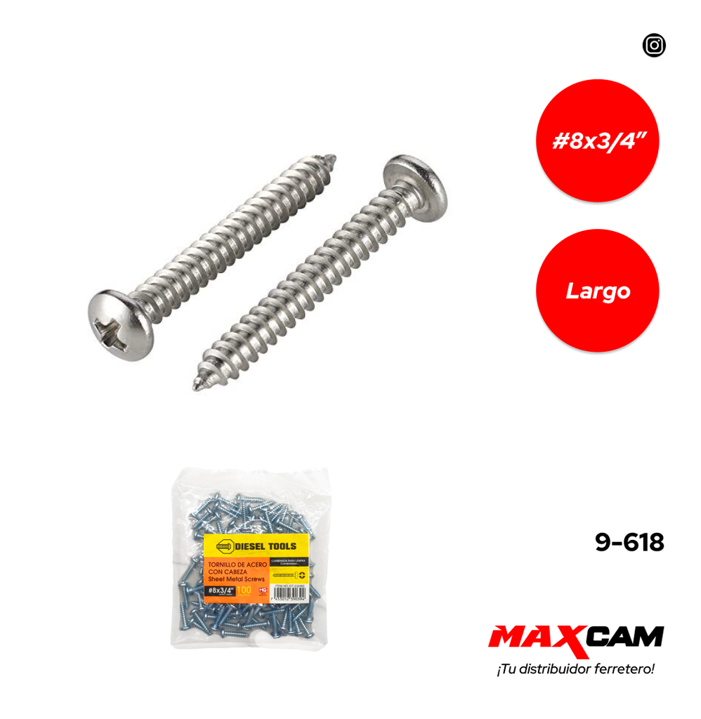 TORNILLO AUTORROSCANTE CABEZA PAN 8 x 3/4" x 100 UNID DIESEL T 9-618