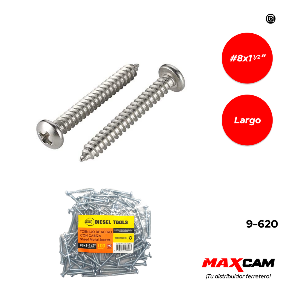 TORNILLO AUTORROSCANTE CABEZA PAN 8 x 1 1/2" x 100 UNID DIESEL T 9-620