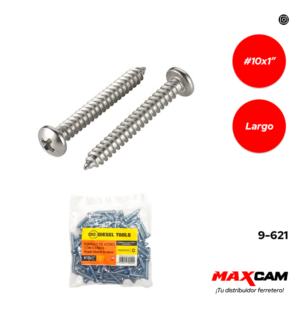 TORNILLO AUTORROSCANTE CABEZA PAN 10 x 1" x 100 UNID DIESEL T 9-621