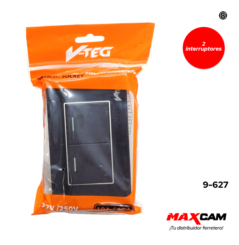 INTERRUPTOR DOBLE ACRILICO NEGRO V-TEG 9-627