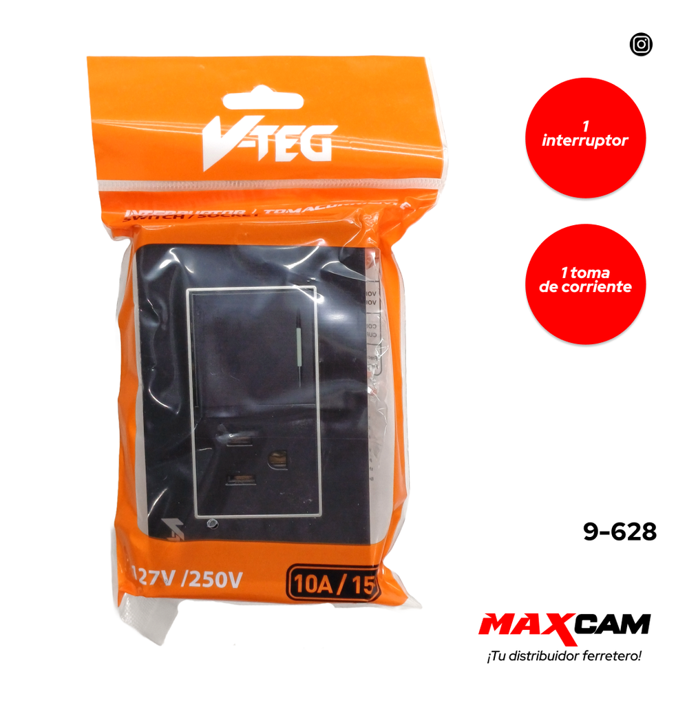 INTERRUPTOR + TOMA ACRILICO NEGRO V-TEG 9-628