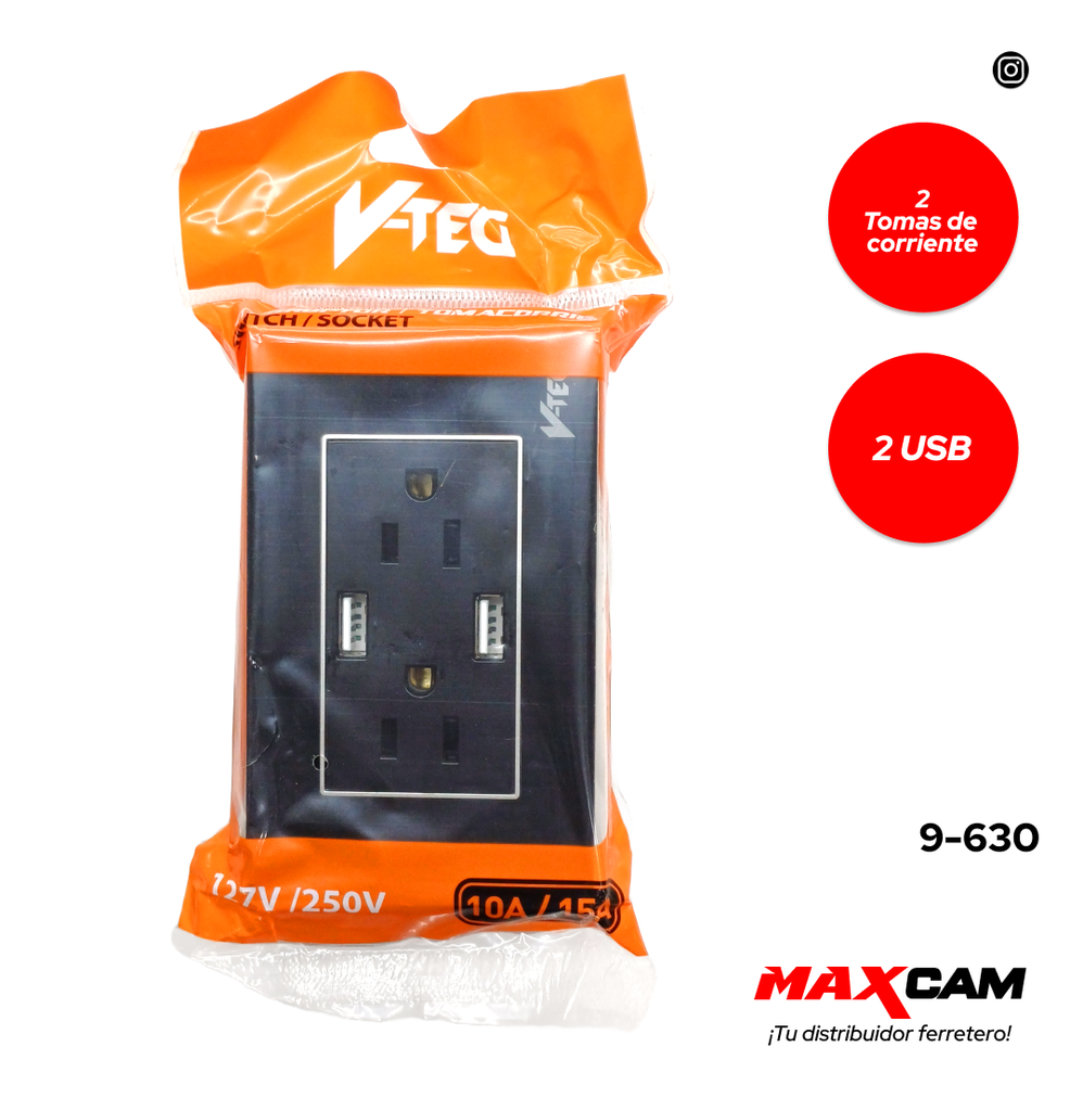 TOMA DOB C/TIER C/PORT USB ACRILICO NEGRO V-TEG 9-630