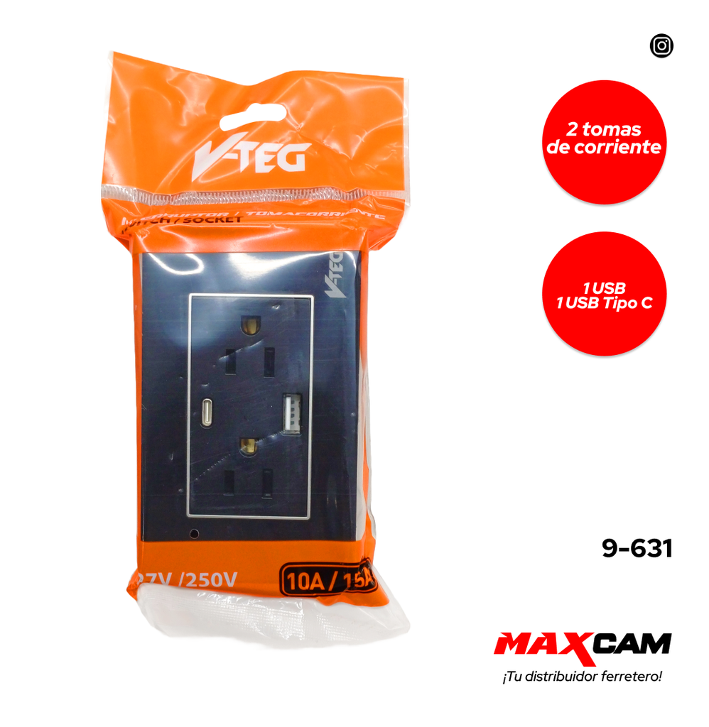 TOMA DOB C/TIER C/PORT USB + TIPO C ACRILICO NEGRO V-TEG 9-631