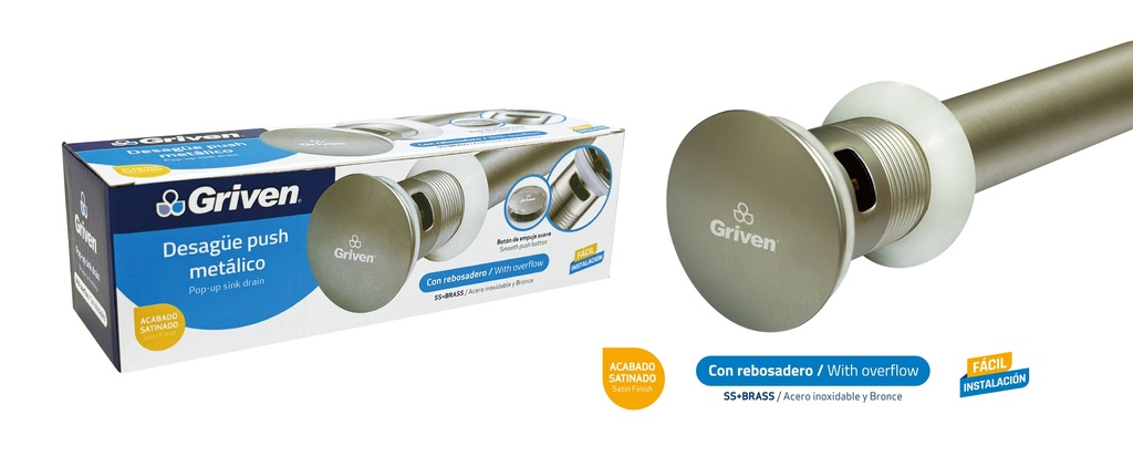 DESAGUE LAV METAL/SATIN PUSH CON/REBOS GRIVEN 9-663