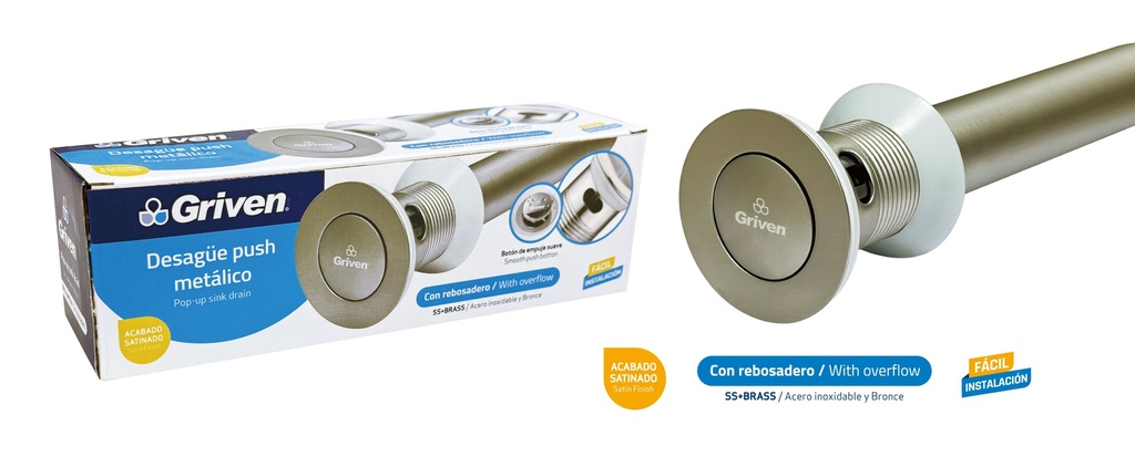 DESAGUE LAV METAL/SATIN PUSH CON/REBOS GRIVEN 9-664