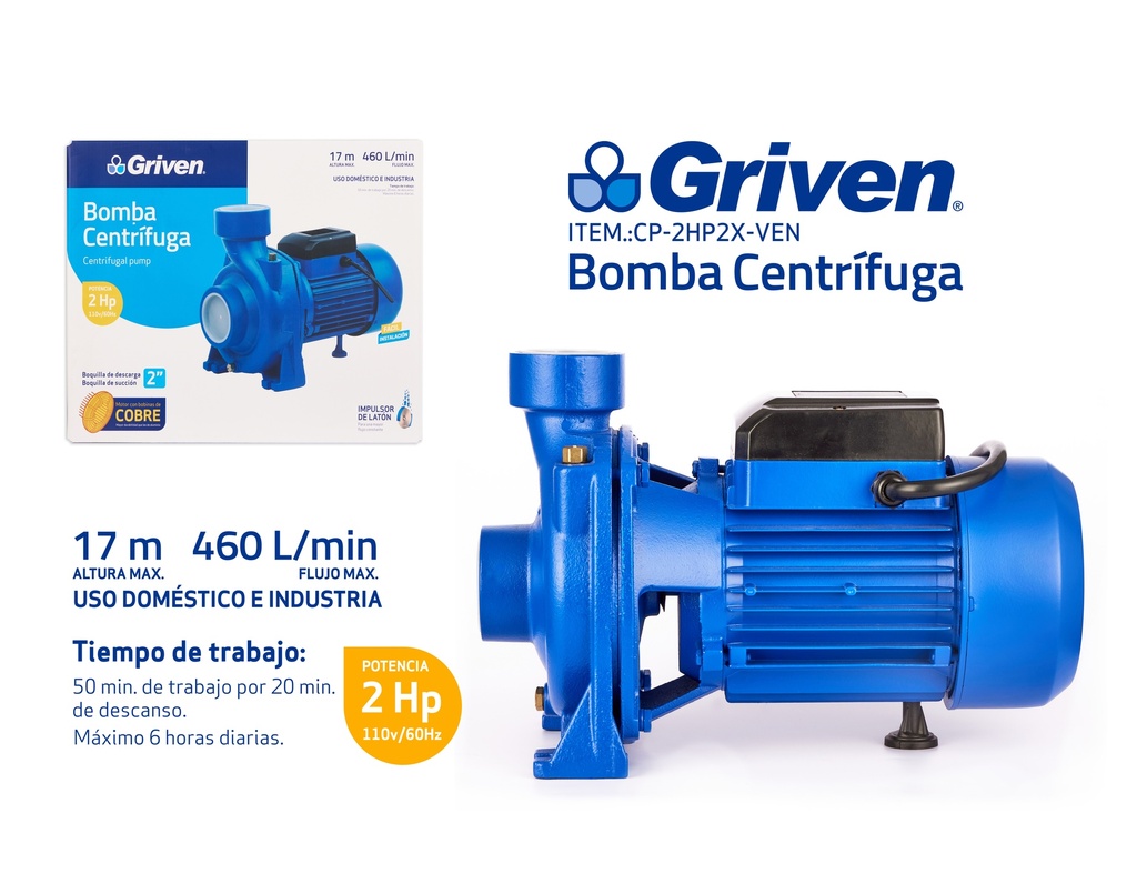 BOMBA CENTRIFUGA 2HP SALIDA 2 100% COBRE GRIVEN 9-681