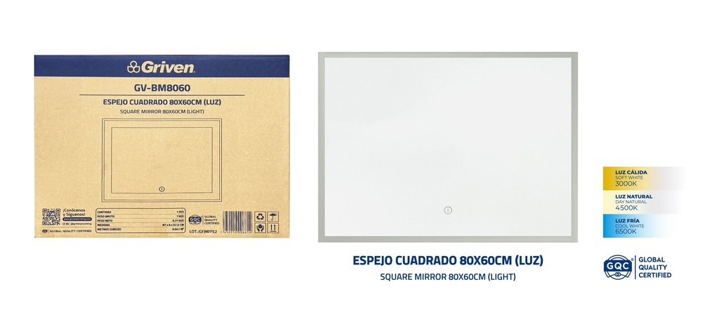 ESPEJO C/LUZ 80 x 60CM GRIVEN 9-698