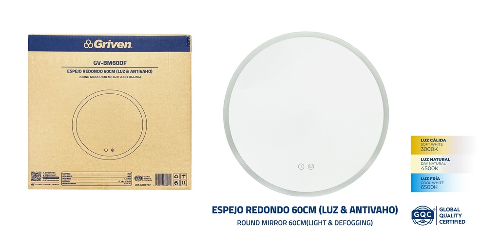 ESPEJO C/LUZ Y ANTIVAHO 60CM GRIVEN 9-699
