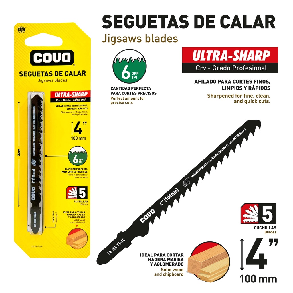 HOJA SEGUETA CALADORA 4" 6TPI x 5 UNID COVO 9-703