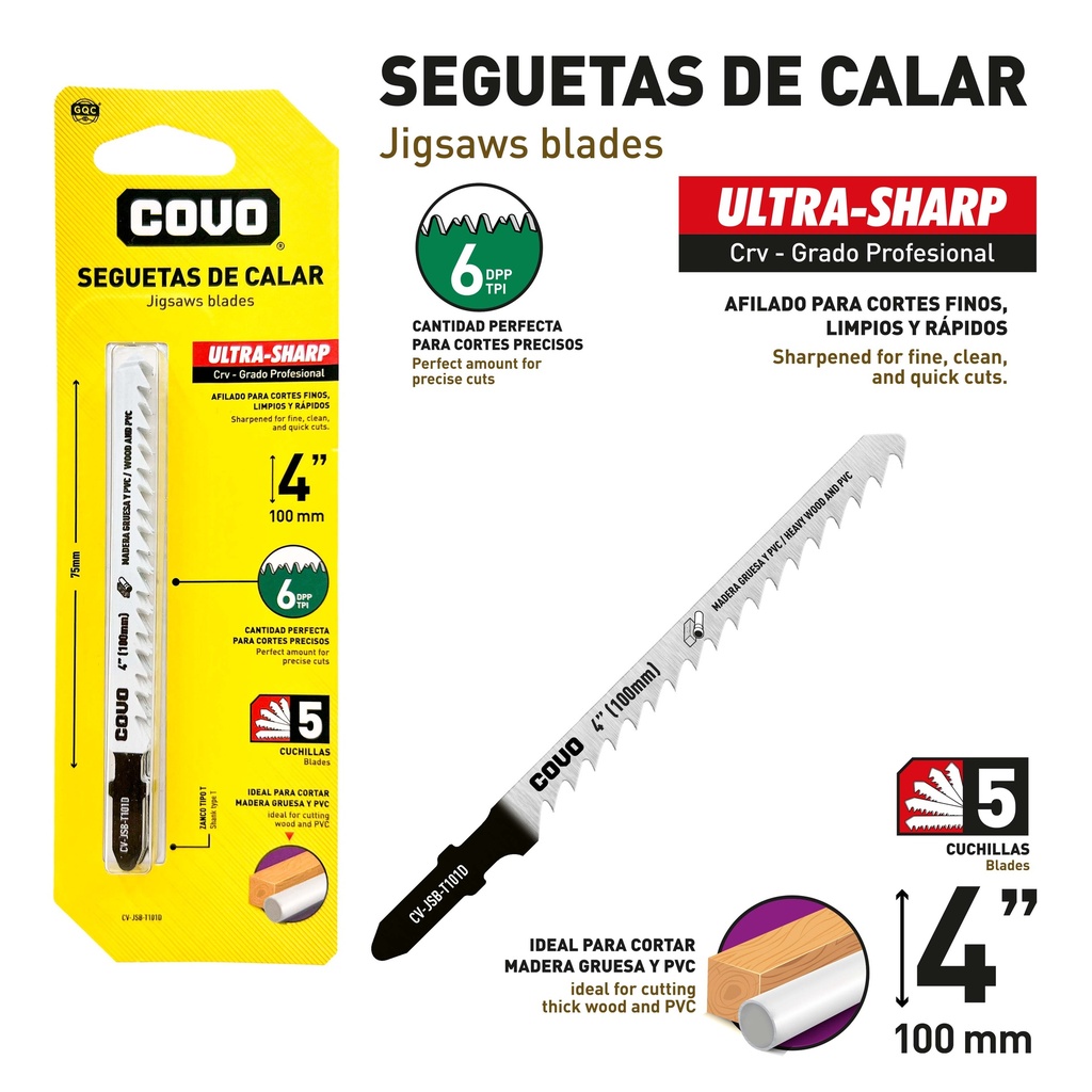 HOJA SEGUETA CALADORA 4" 6TPI x 5 UNID COVO 9-704