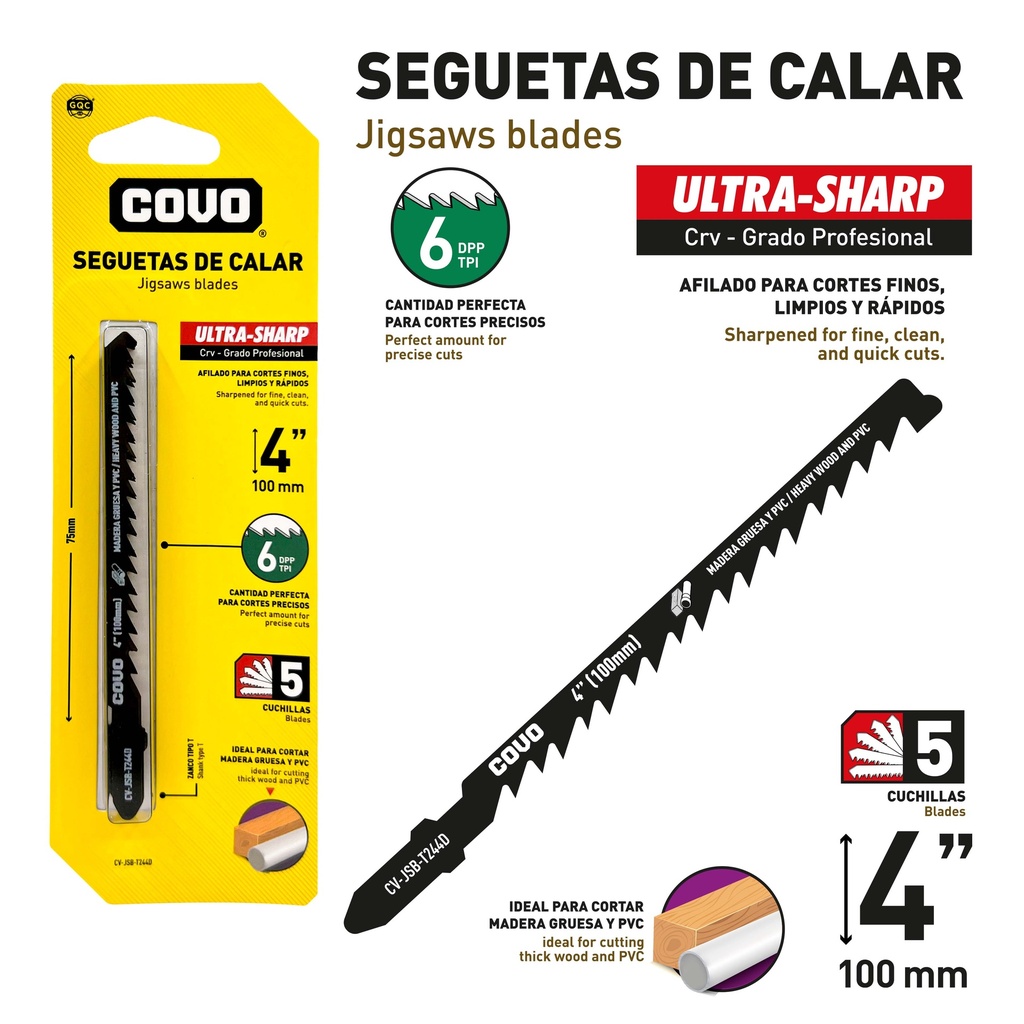 HOJA SEGUETA CALADORA 4" 6TPI x 5 UNID COVO 9-709