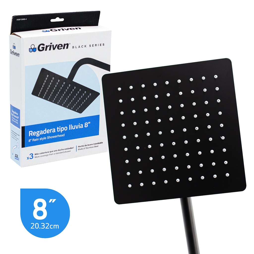 REGADERA CUADRADA 8¨ GRIVEN BLACK 4-810