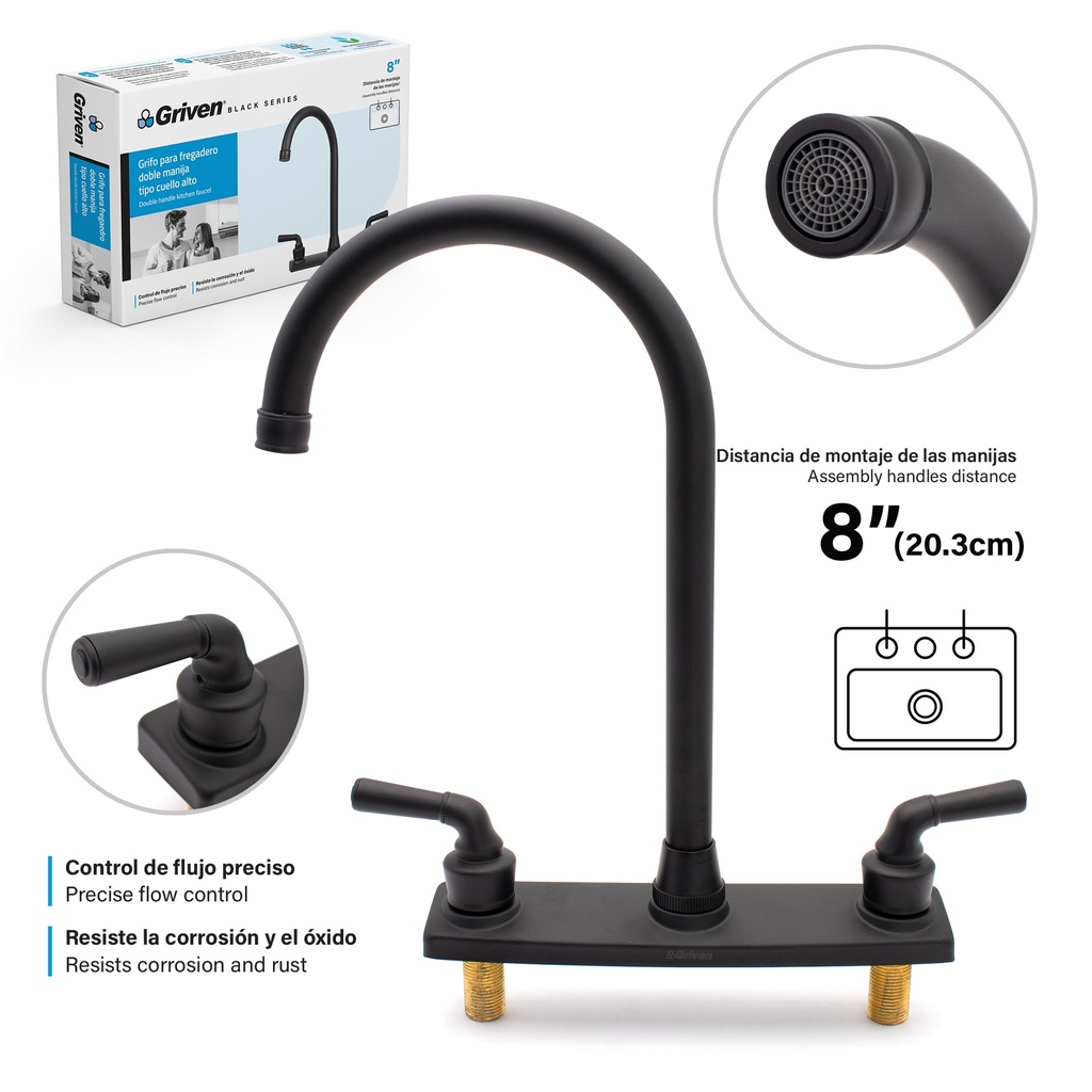 LLAVE FREGADERO DOBLE 8" GRIVEN BLACK 4-812