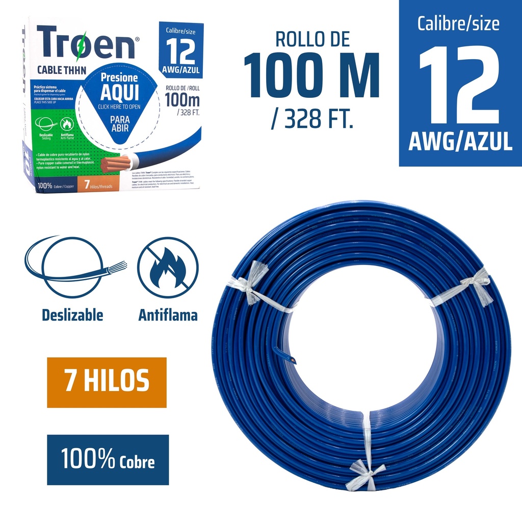 CABLE THHN 12 AZUL 100MTS 100% COBRE TROEN 4-871