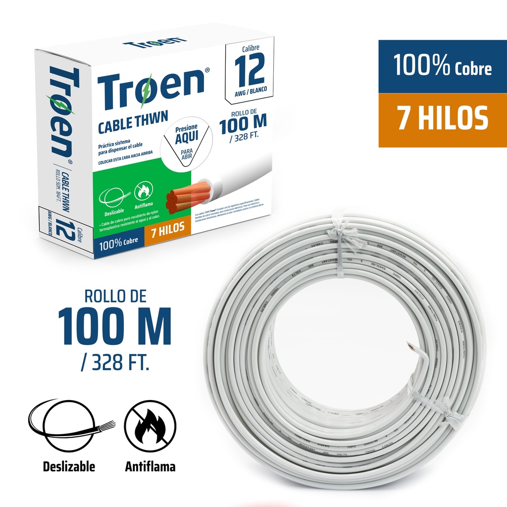CABLE THHN 12 BLANCO 100MTS 100% COBRE TROEN 4-872