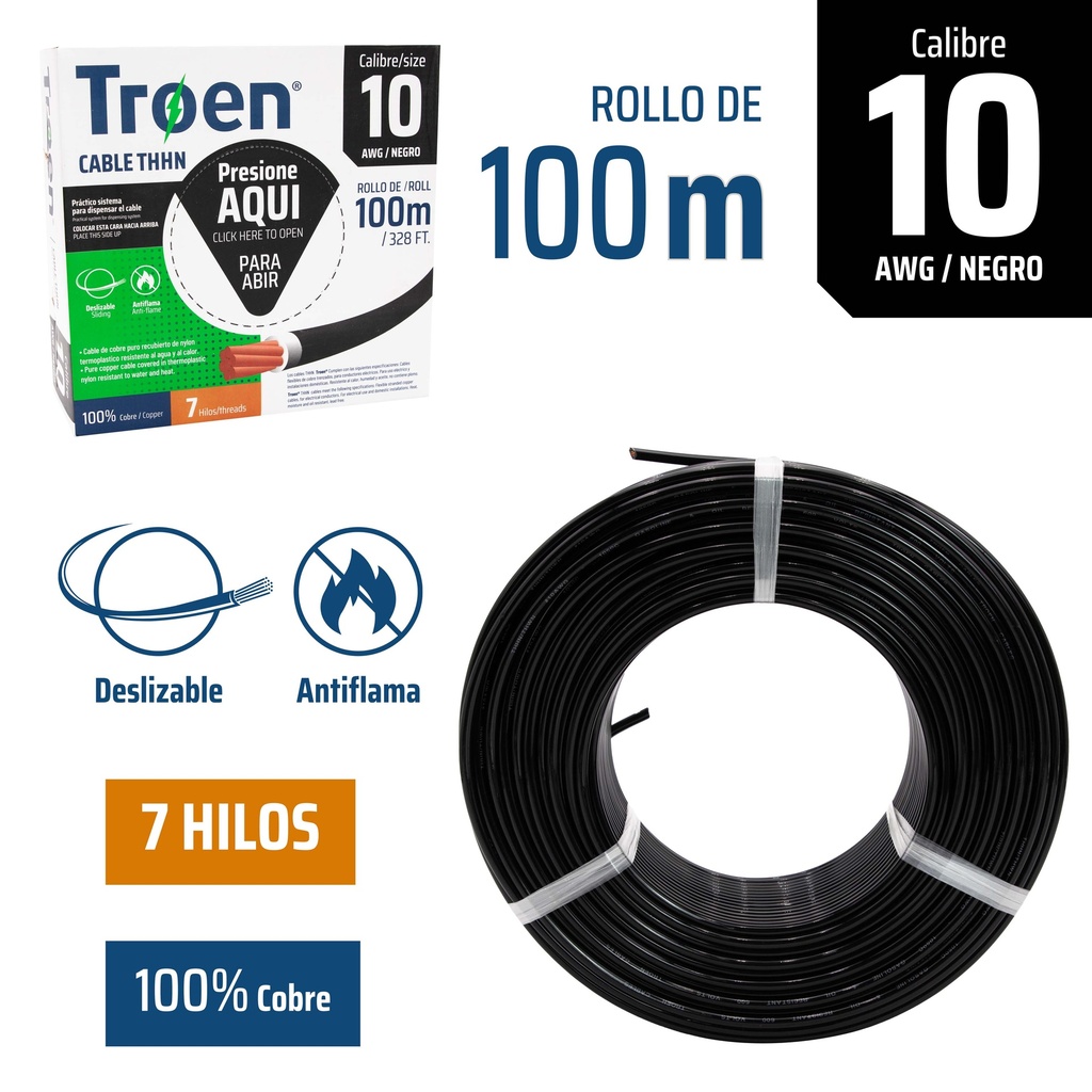 CABLE THHN 10 NEGRO 100MTS 100% COBRE TROEN 4-873