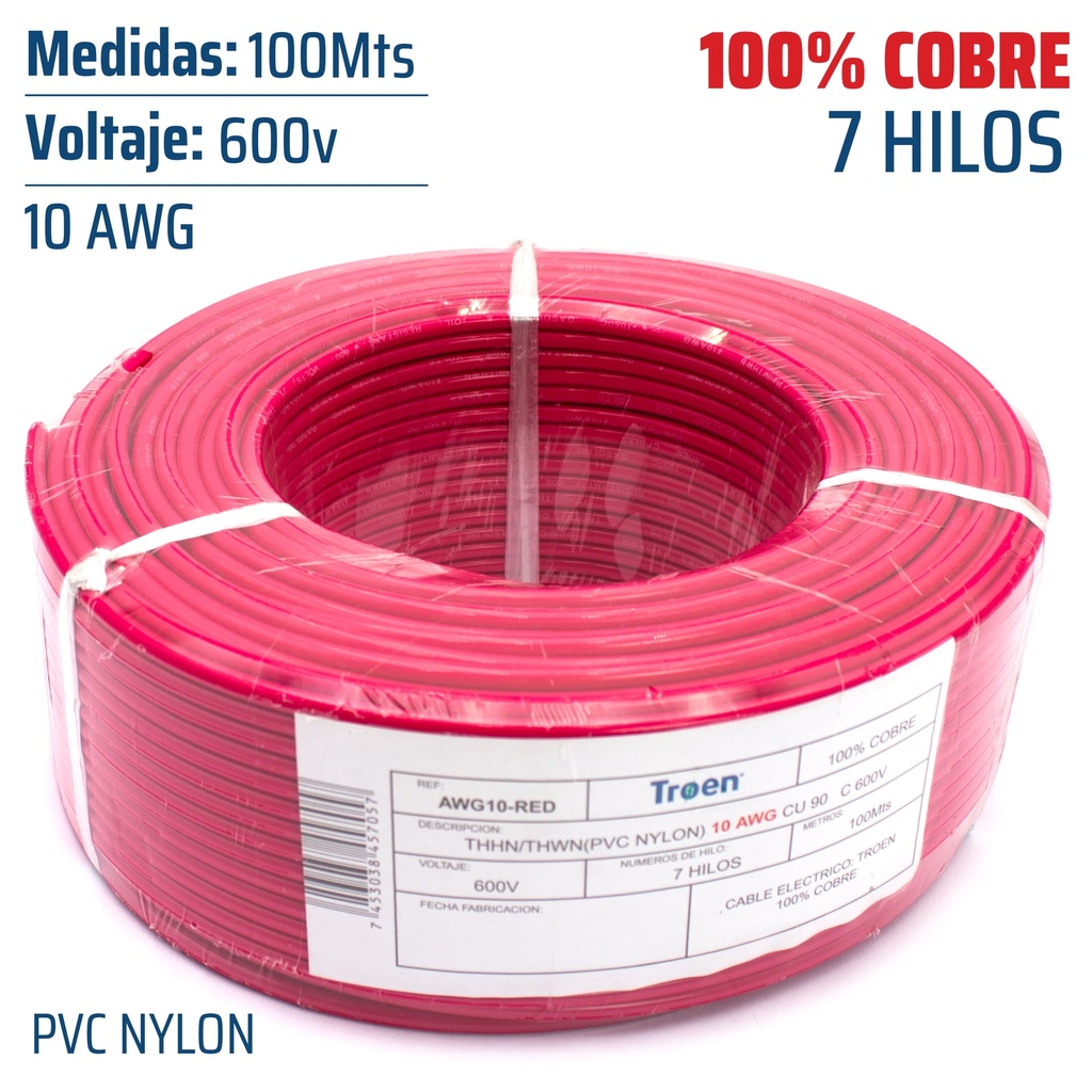 CABLE THHN 10 ROJO 100MTS 100% COBRE TROEN 4-874