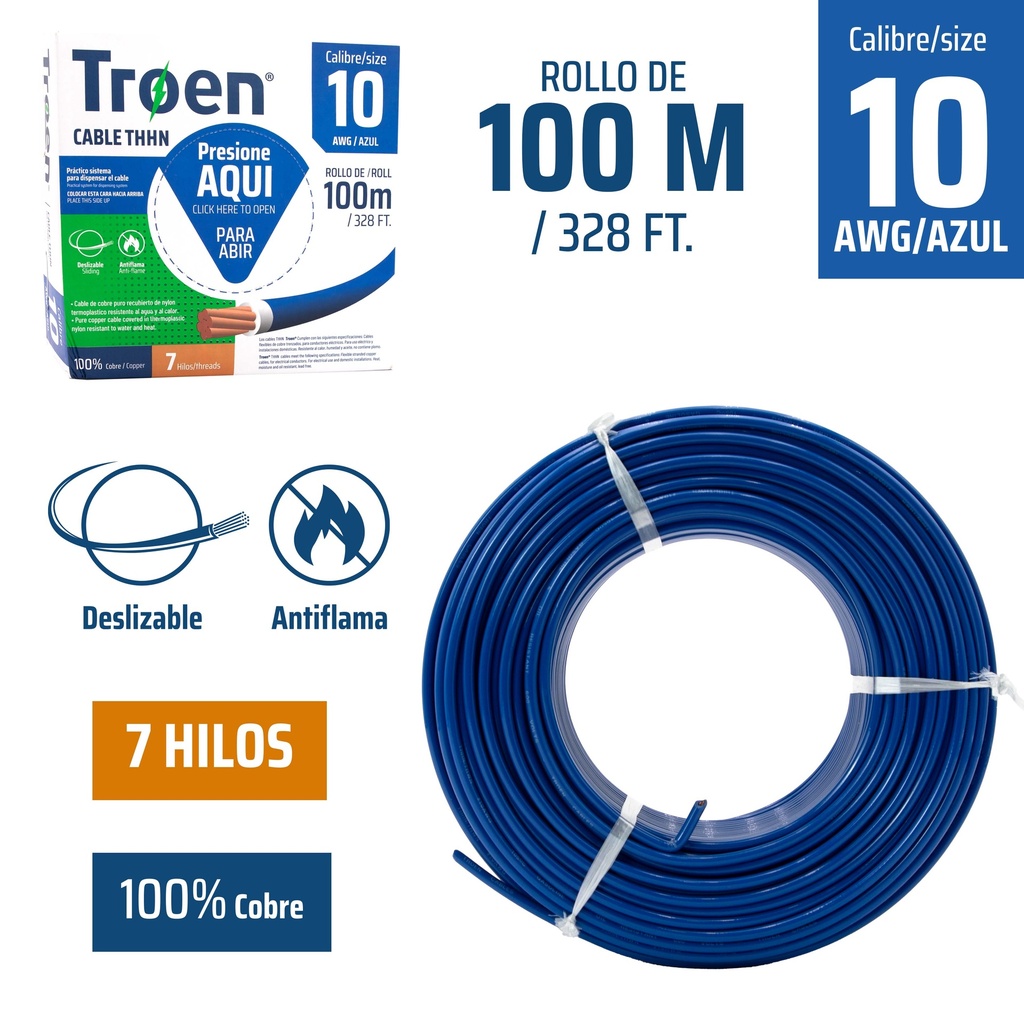 CABLE THHN 10 AZUL 100MTS 100% COBRE TROEN 4-875
