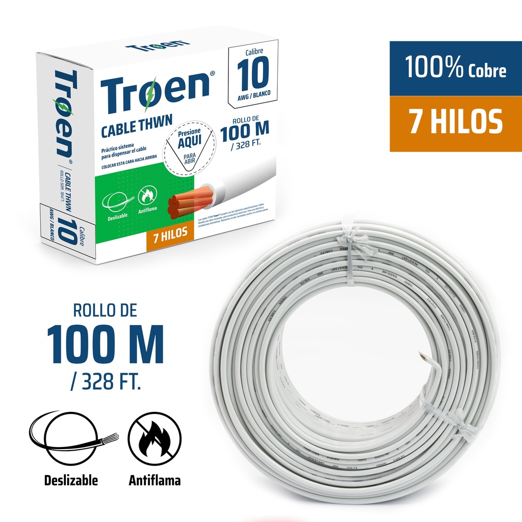 CABLE THHN 10 BLANCO 100MTS 100% COBRE TROEN 4-876