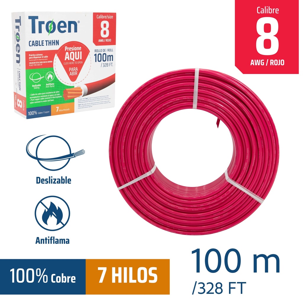 CABLE THHN 8 ROJO 100MTS 100% COBRE TROEN 4-878