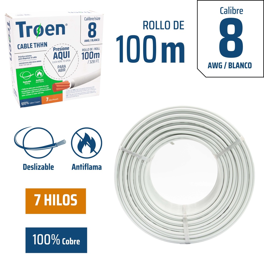 CABLE THHN 8 BLANCO 100MTS 100% COBRE TROEN 4-880