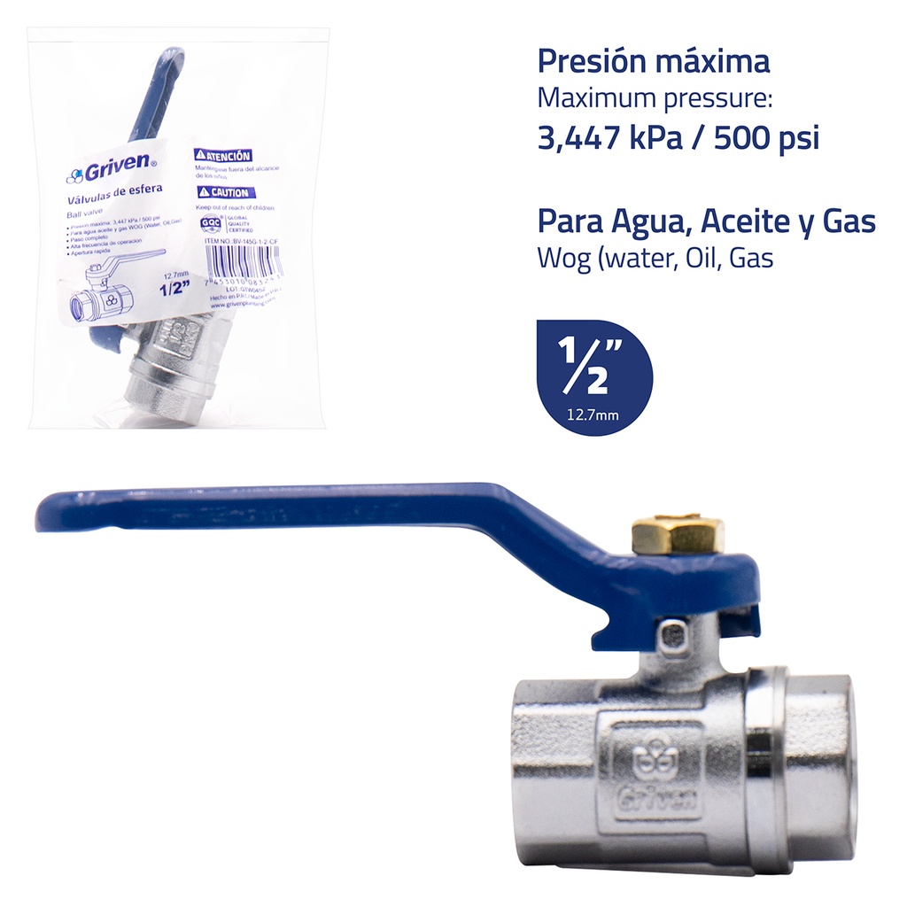 VALVULA PASO CROMADA x 1/2" GRIVEN 5-051