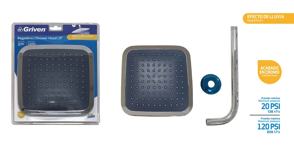 REGADERA CUADRADA 8" METALICA C/TUBO GRIVEN 5-060