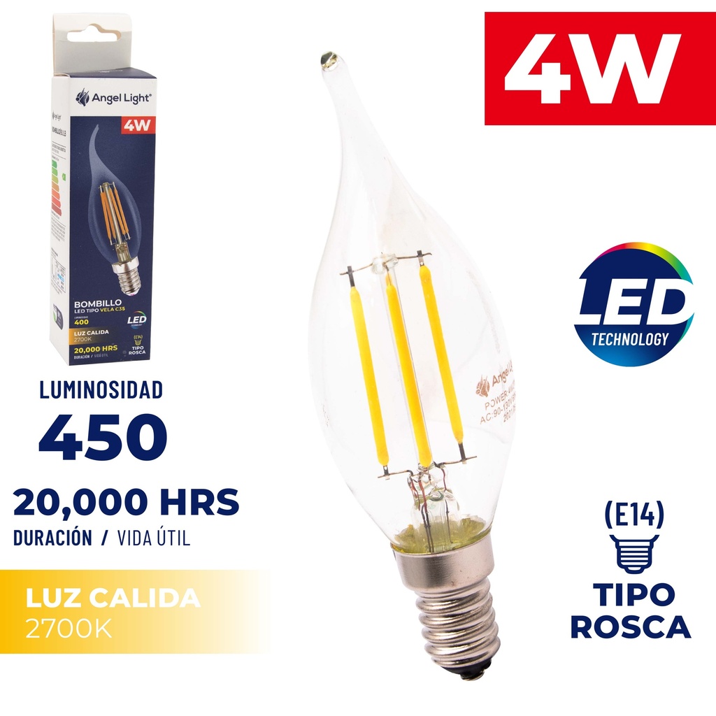 BOMBILLO VELA LED 4W E14 110v LUZ AMARILLA 5-069