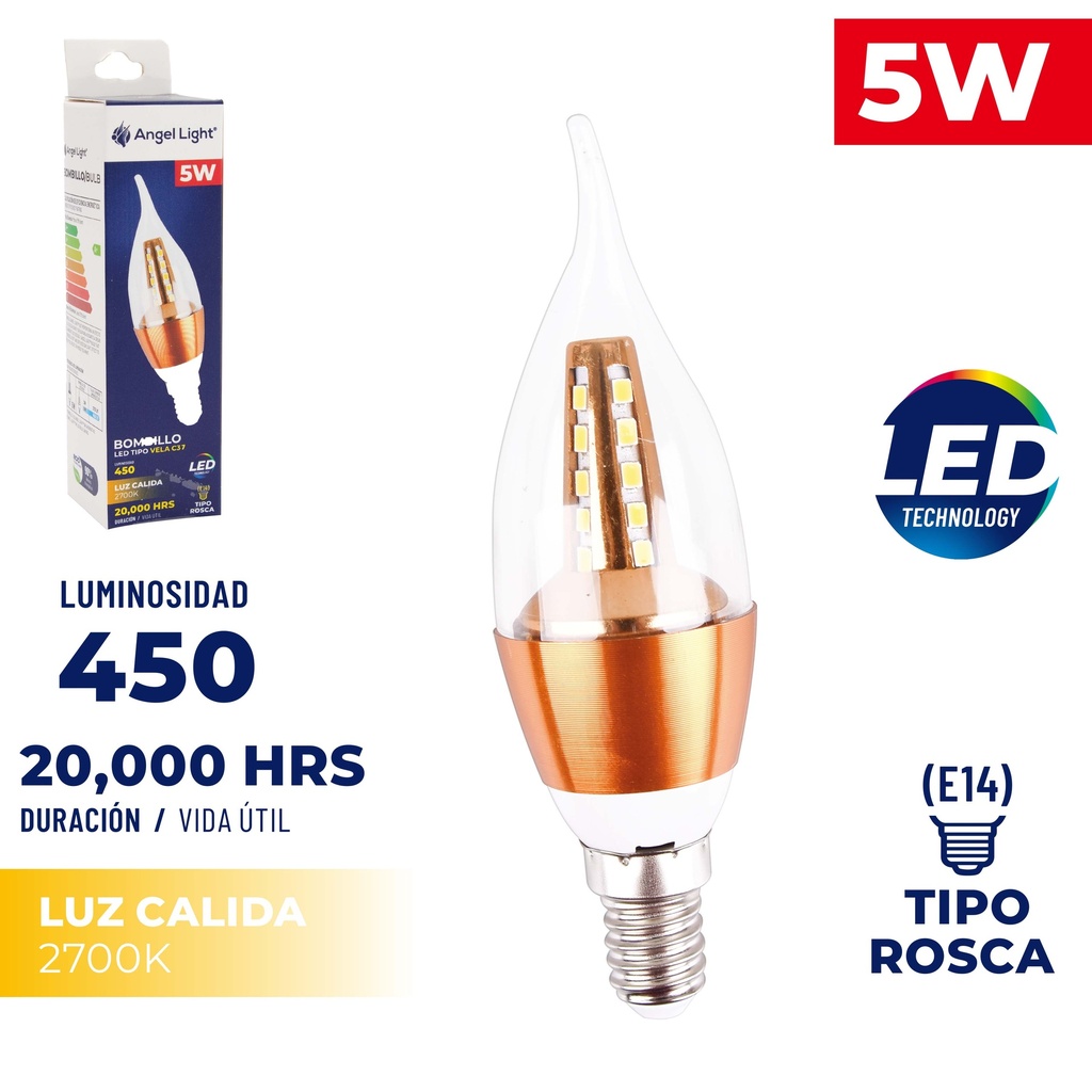 BOMBILLO VELA LED 5W LUZ CALIDA E14 85-265V 5-078