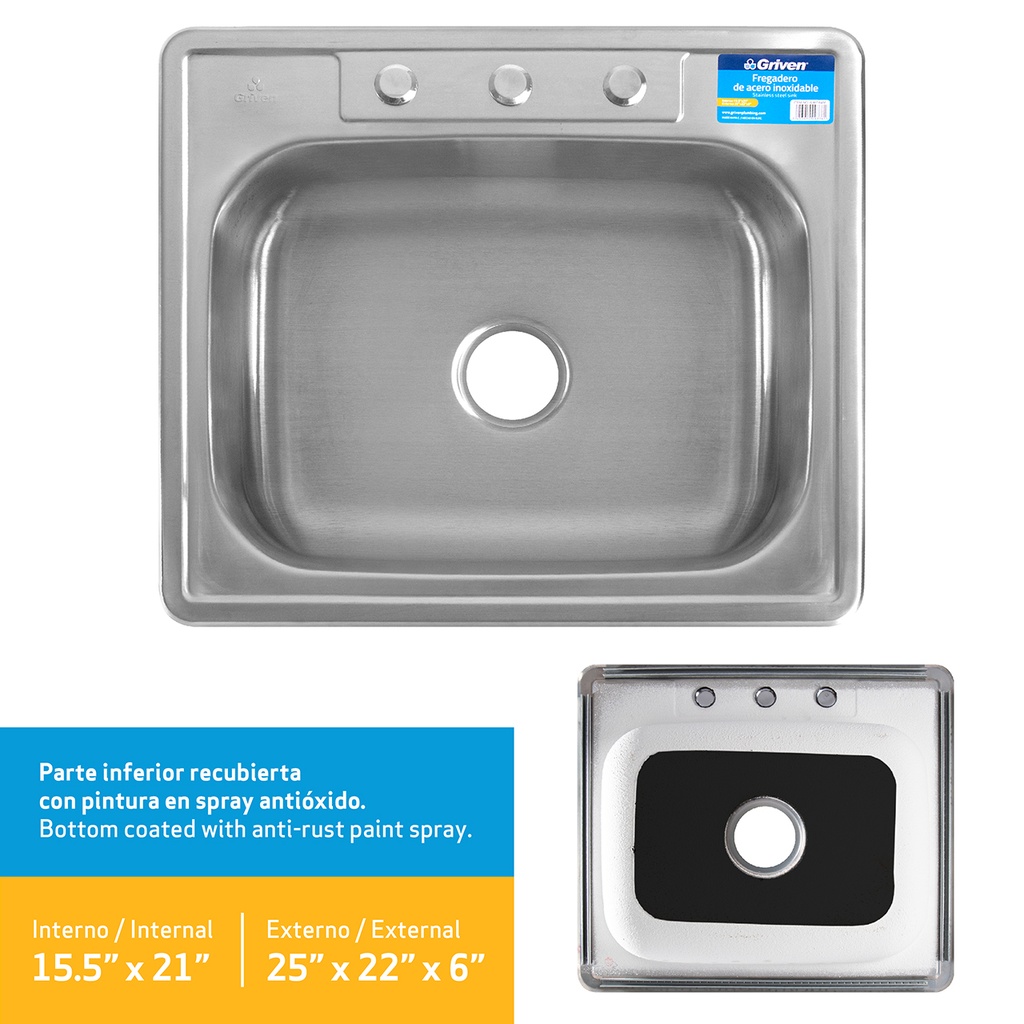 FREGADERO ACERO INOX SENCILLO 64X56CM GRIVEN 5-109
