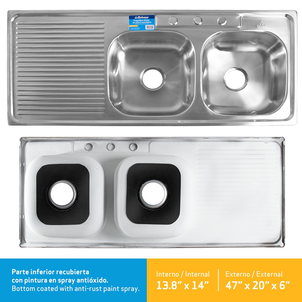 FREGADERO ACERO INOXIDABLE DOBLE C/ESC 120X50CM GRIVEN 5-111