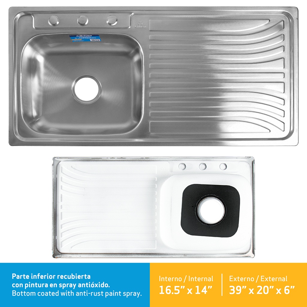 FREGADERO ACERO INOX SENCI C/ESCURR 99X50CM GRIVEN 5-113