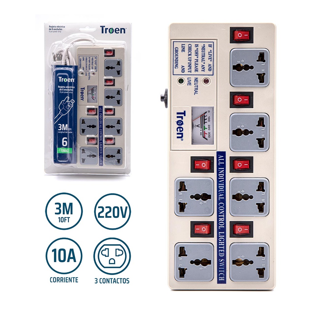 REGLETA 6 TOMAS C/MEDIDOR TROEN 8-237